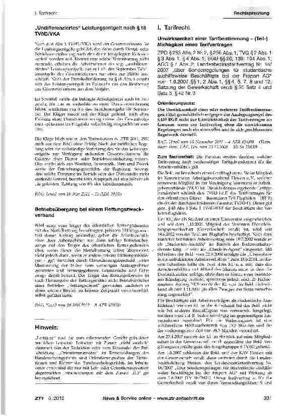 Vorschauseite 1: Unwirksamkeit einer Tarifbestimmung - (Teil-) Nichtigkeit eines Tarifvertrages