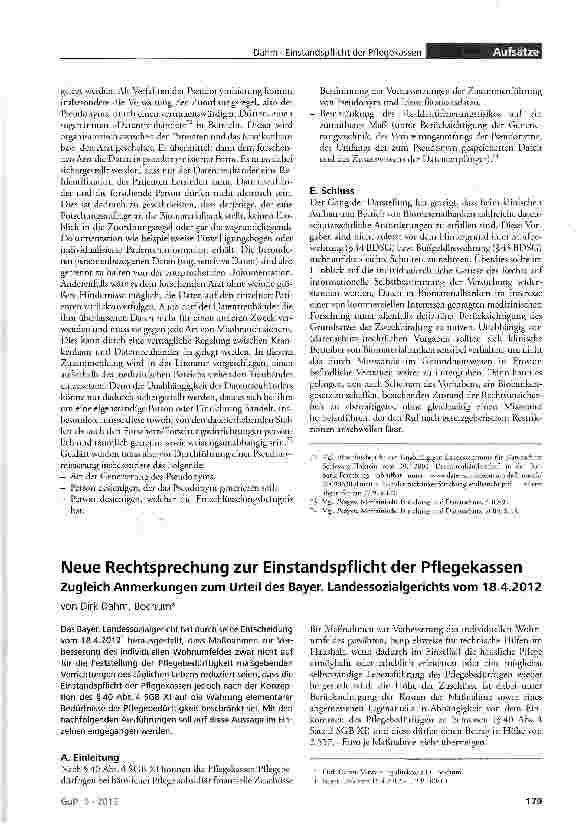 Vorschauseite 1: Neue Rechtsprechung zur Einstandspflicht der Pflegekassen Zugleich Anmerkungen zum Urteil des Bayer. Landessozialgerichts vom 18.4.2012