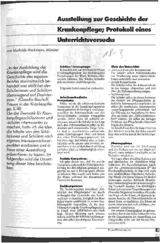 Vorschauseite 1: Ausstellung zur Geschichte der Krankenpflege Protokoll eines Unterrichtsversuchs