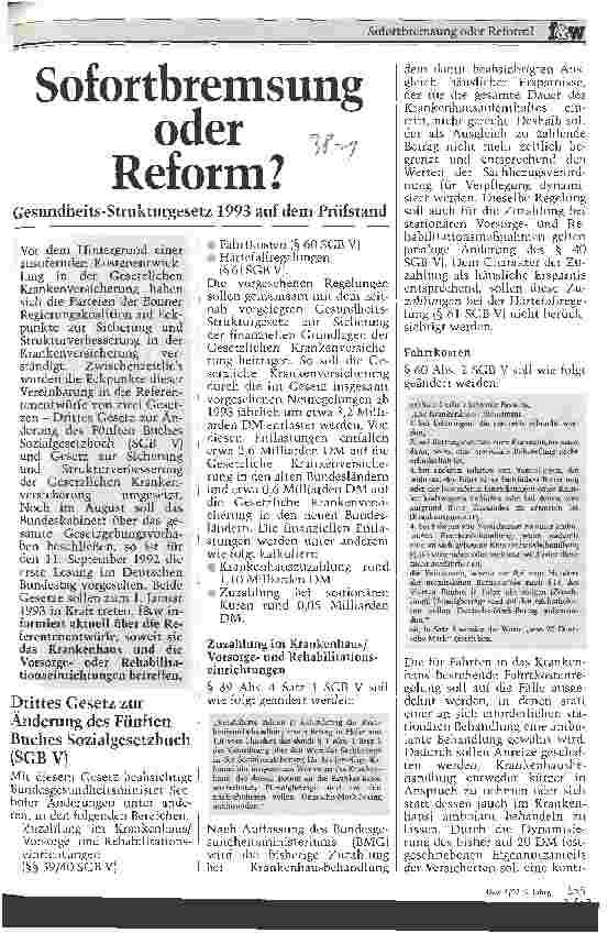 Vorschauseite 1: Sofortbremsung oder Reform? Gesundheitsstrukturgesetz 1993 auf dem Prüfstand