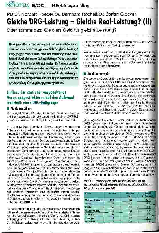 Vorschauseite 1: Gleiche DRG-Leistung = Gleiche Real-Leistung ? (II) Oder stimmt das: Gleiches Geld für gleiche Leistung?