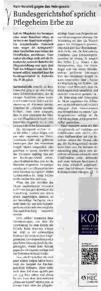 Vorschauseite 1: Bundesgerichtshof spricht / Pflegeheim Erbe zu