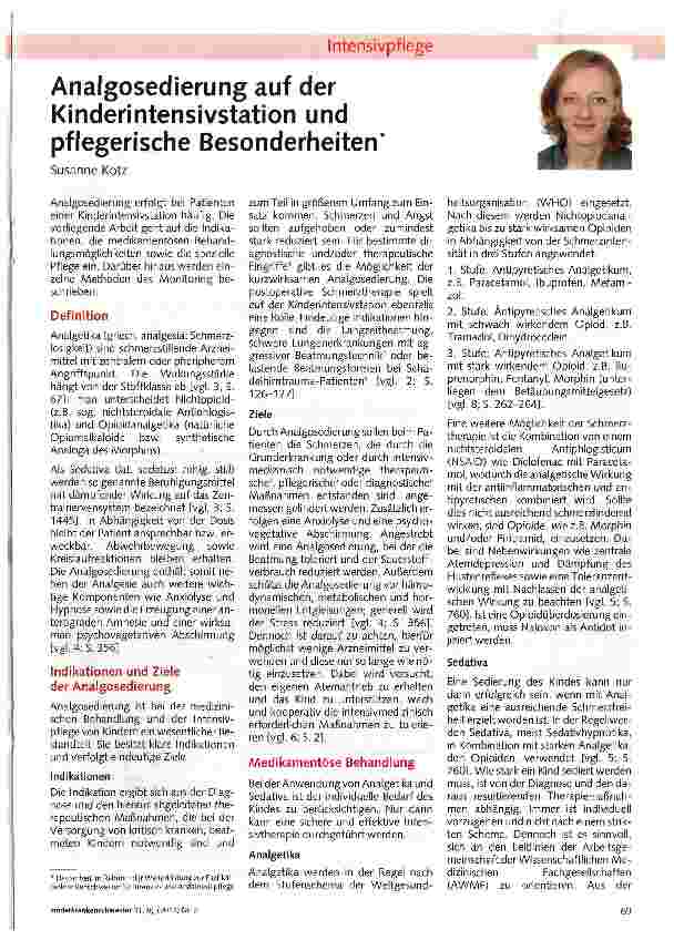 Vorschauseite 1: Analgosedierung auf der Kinderintensivstation und pflegerische Besonderheiten