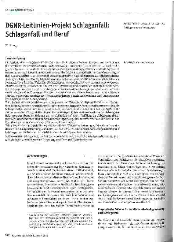 Vorschauseite 1: DGNR-Leitlinien-Projekt Schlaganfall: Schlaganfall und Beruf