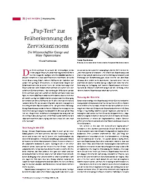 Vorschauseite 1: „Pap-Test“ zur Früherkennung des Zervixkarzinoms. Die Wissenschaftler George und Mary Papanicolaou.