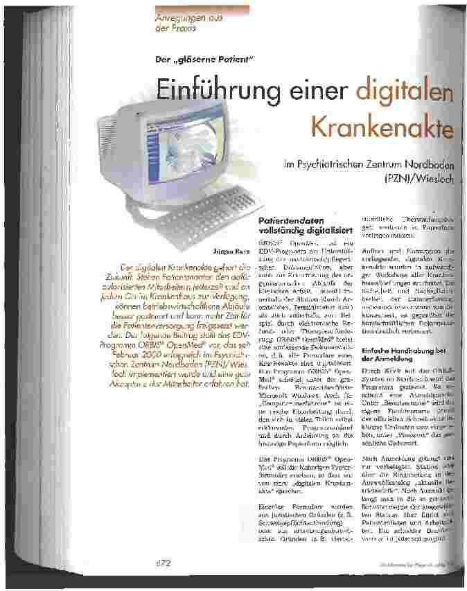 Vorschauseite 1: Einführung einer digitalen Krankenakte im Psychiatrischen Zentrum Nordbaden (PZN)/Wiesloch