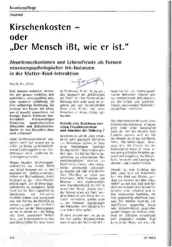 Vorschauseite 1: Kirschenkosten - oder Der Mensch ißt, wie er ist. Abwehrmechanismen und Lebensfreude als Formen neurosepsychologischer Ich-Instanzen in der Mutter-Kind-Interaktion