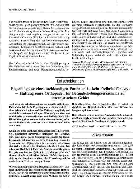 Vorschauseite 1: Eigendiagnose eines sachkundigen Patienten ist kein Freibrief für Arzt — Haftung eines Orthopäden für Befunderhebungsversäumnis auf internistischem Gebiet