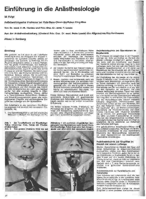 Vorschauseite 1: Einführung in die Anästhesiologie 33. Folge: Anästhsiologische Probleme bei HNO-ärztlichen Eingriffen
