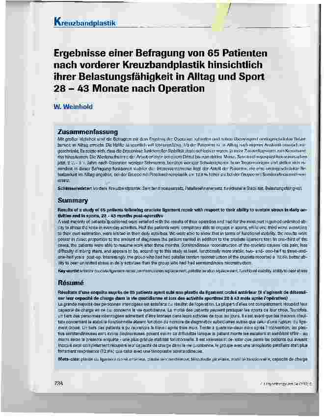 Vorschauseite 1: Ergebnisse einer Befragung von 65 Patienten nach vorderer Kreuzbandplastik hinsichtlich ihrer Belastungsfähigkeit in Alltag und Sport 28 - 43 Monate nach Operation