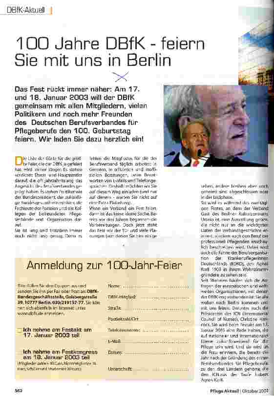 Vorschauseite 1: 100 Jahre DBfK - feiern sie mit uns in Berlin