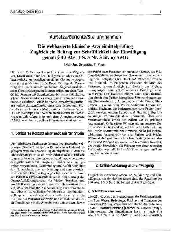 Vorschauseite 1: Die webbasierte klinische Arzneimittelprüfung — Zugleich ein Beitrag zur Schriftlichkeit der Einwilligung gemäß § 40 Abs. 1 S. 3 Nr. 3 lit. b) AMG