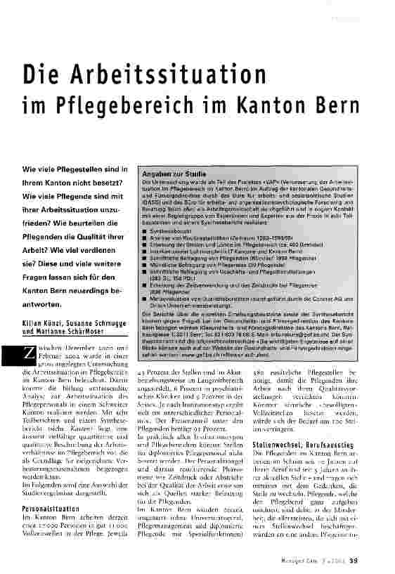 Vorschauseite 1: Die Arbeitssituation im Pflegebereich im Kanton Bern