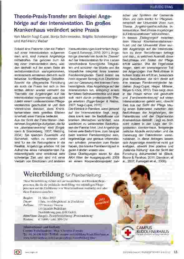 Vorschauseite 1: Theorie-Praxis-Transfer am Beispiel Angehörige auf der Intensivstation. Ein großes Krankenhaus verändert seine Praxis