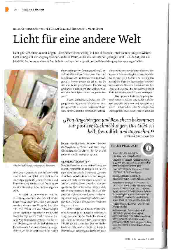 Vorschauseite 1: BELEUCHTUNGSKONZEPTE FÜR AN DEMENZ ERKRANKTE MENSCHENLicht für eine andere Welt