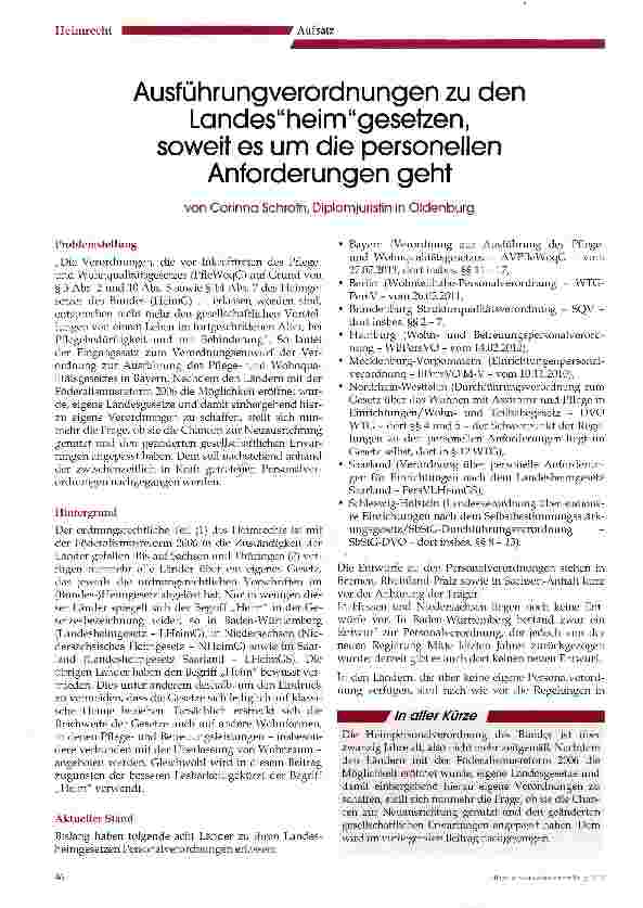 Vorschauseite 1: Ausführungverordnungen zu den Landesheimgesetzen, soweit es um die personellen Anforderungen geht