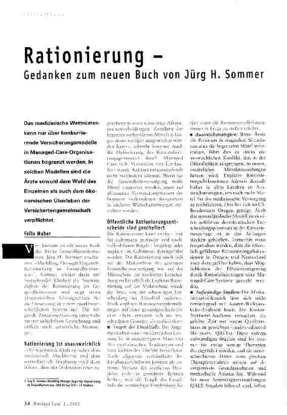 Vorschauseite 1: Rationierung -Gedanken zum neuen Buch von Jürg H. Sommer