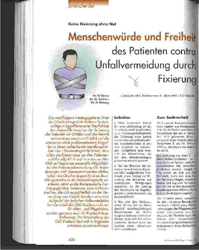 Vorschauseite 1: Menschenwürde und Freiheit des Patienten contra Unfallvermeidung durch Fixierung