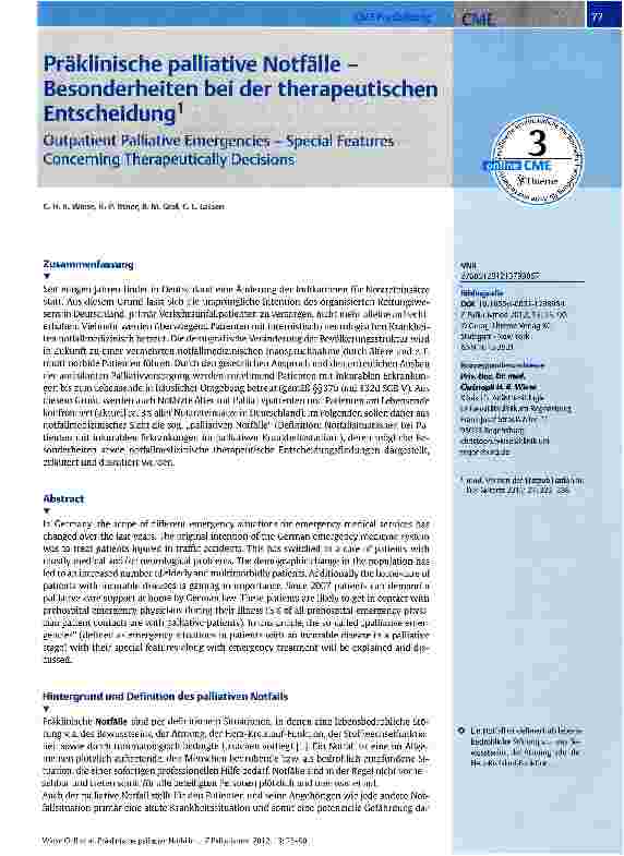 Vorschauseite 1: Präklinische palliative Notfälle -Besonderheiten bei der therapeutischen Entscheidung