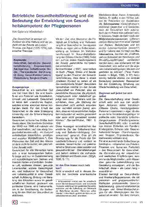 Vorschauseite 1: Betriebliche Gesundheitsförderung und die Bedeutung der Entwicklung von Gesundheitskompetenz der Pflegepersonen