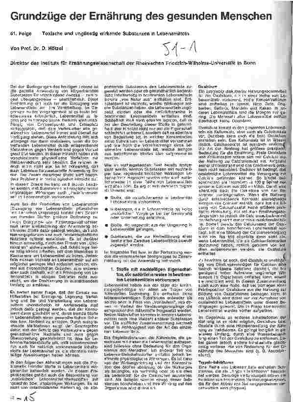 Vorschauseite 1: Grundzüge der Ernährung des gesunden Menschen 51. Folge: Toxische und ungünstig wirkende Substanzen in Lebensmitteln