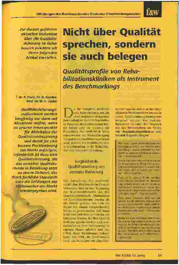 Vorschauseite 1: Nicht über Qualität sprechen, sondern sie auch belegen Qualitätsprofile von Rehabilitationskliniken als Instrument des Benchmarkings
