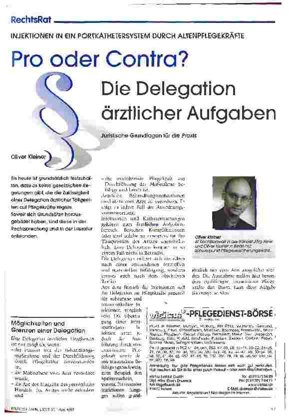 Vorschauseite 1: Pro oder Contra? Die Delegation ärztlicher Aufgaben Injektionen in ein Portkathetersystem durch Altenpflegekräfte