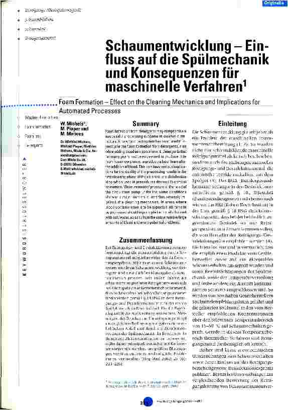 Vorschauseite 1: Schaumentwicklung - Einfluss auf die Spüulmechanik und Konsequenzen für maschinelle Verfahren