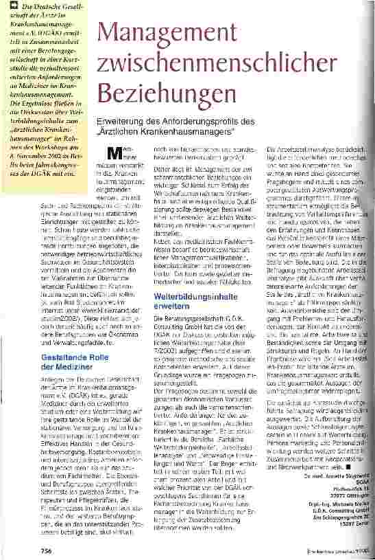 Vorschauseite 1: Management zwischenmenschlicher Beziehungen Erweiterung des Anforderungsprofils des Ärztlichen Krankenhausmanagers