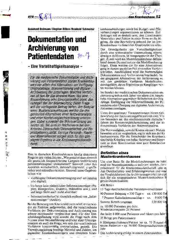 Vorschauseite 1: Dokumentation und Archivierung von Patientendaten Eine Vorteilhaftigkeitsanalyse
