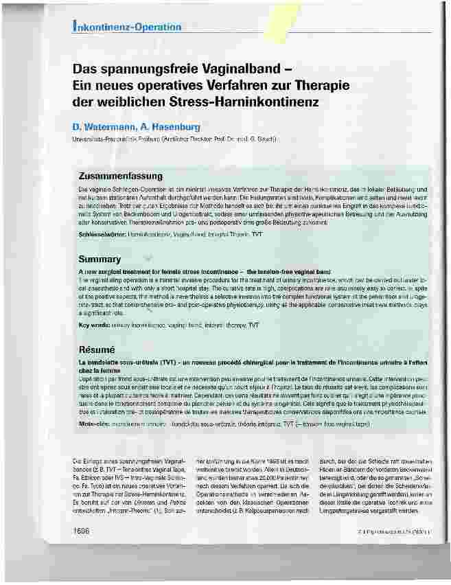 Vorschauseite 1: Das spannungsfreie Vaginalband -Ein neues operatives Verfahren zur Therapieder weiblichen Stress-Harninkontinenz
