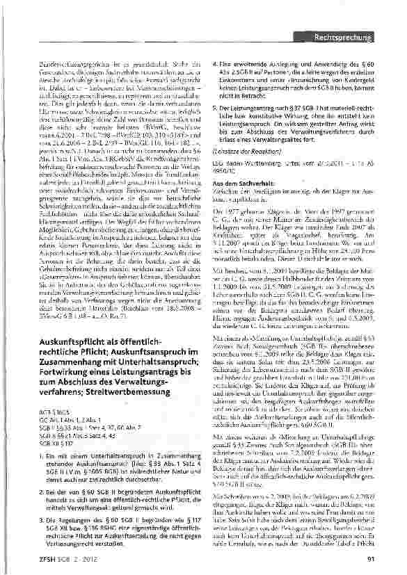 Vorschauseite 1: Auskunftspflicht als öffentlichrechtliche Pflicht; Auskunftsanspruch im Zusammenhang mit Unterhaltsanspruch; Fortwirkung eines Leistungsantrags bis zum Abschluss des Verwaltungsve…