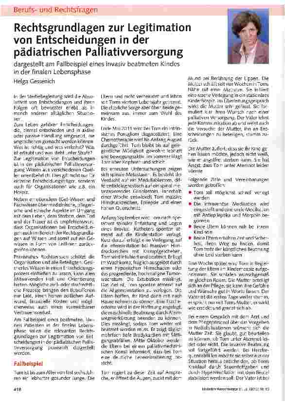 Vorschauseite 1: Rechtsgrundlagen zur Legitimation von Entscheidungen in der pädiatrischen Palliativversorgung