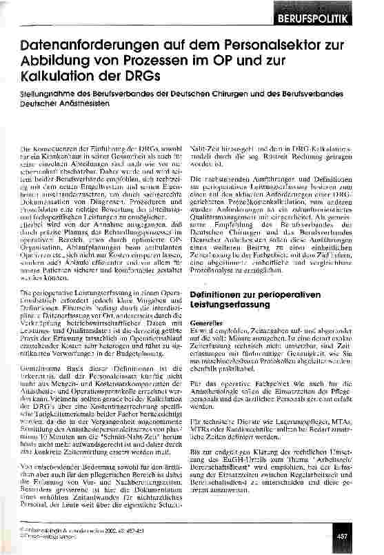 Vorschauseite 1: Datenanforderungen auf dem Personalsektor zur Abbildung von Prozessen im OP und zur Kalkulation der DRGs Stellungnahme des Berufsverbandes der Deutschen Chirurgen und des Berfufsv…