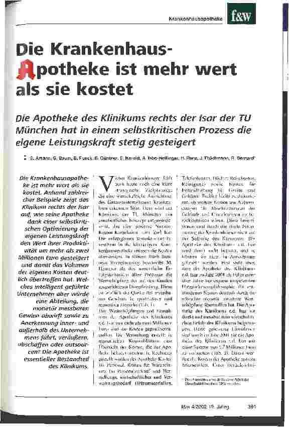 Vorschauseite 1: Die Krankenhaus-Apotheke ist mehr wert als sie kostet