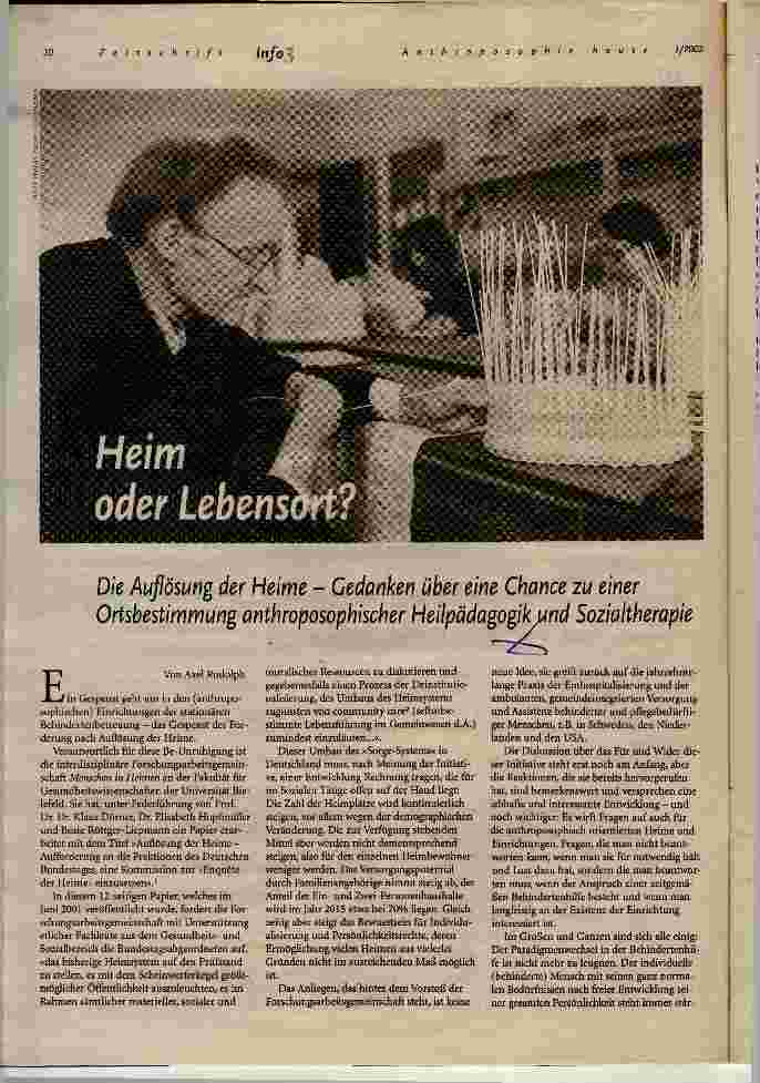 Vorschauseite 1: Heim oder Lebensort? Chance zu einer Ortsbestimmung anthroposophischer Heilpädagogik und Sozialtherapie?