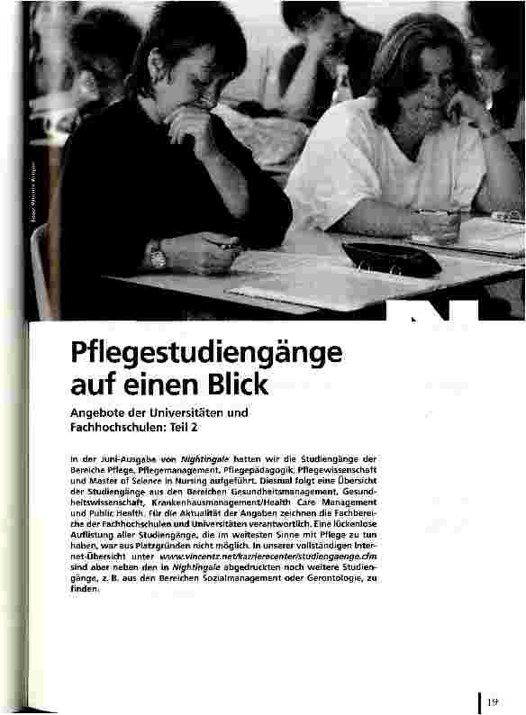Vorschauseite 1: Pflegestudiengänge auf einen Blick Angebote der Universitäten und Fachhochschulen: Teil 2