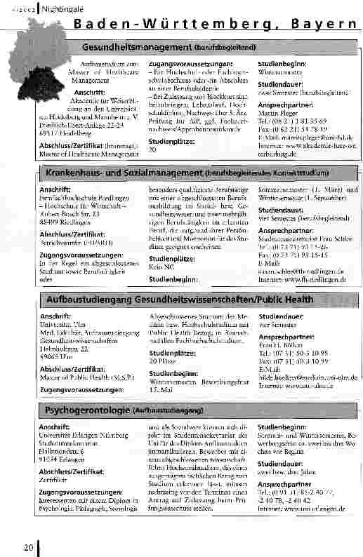 Vorschauseite 2: Pflegestudiengänge auf einen Blick Angebote der Universitäten und Fachhochschulen: Teil 2