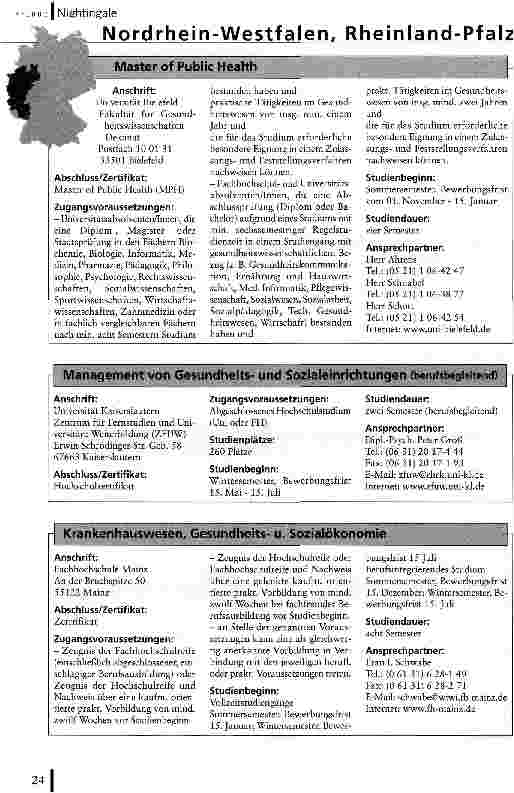 Vorschauseite 6: Pflegestudiengänge auf einen Blick Angebote der Universitäten und Fachhochschulen: Teil 2