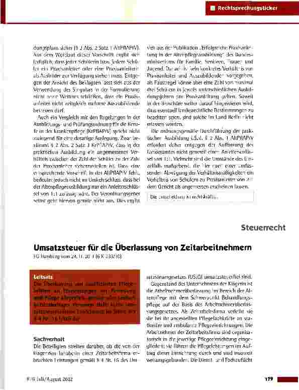 Vorschauseite 1: Umsatzsteuer für die Überlassung von Zeitarbeitnehmern FG Hamburg vom 24.11.2011 (6 K 233/10}