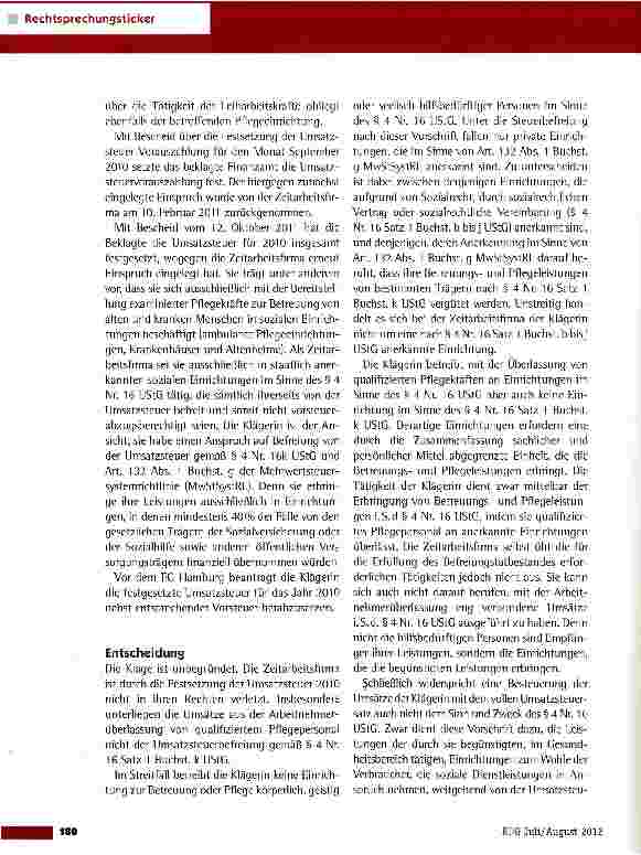 Vorschauseite 2: Umsatzsteuer für die Überlassung von Zeitarbeitnehmern FG Hamburg vom 24.11.2011 (6 K 233/10}