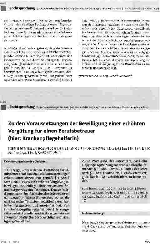 Vorschauseite 1: Zu den Voraussetzungen der Bewilligung einer erhöhten Vergütung für einen Berufsbetreuer (hier: Krankenpflegehelferin)