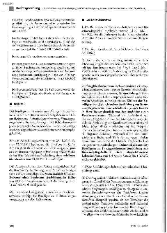 Vorschauseite 2: Zu den Voraussetzungen der Bewilligung einer erhöhten Vergütung für einen Berufsbetreuer (hier: Krankenpflegehelferin)