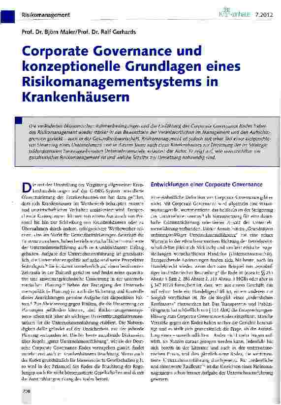 Vorschauseite 1: Corporate Governance und konzeptionelle Grundlagen eines Risikomanagementsystems in Krankenhäusern