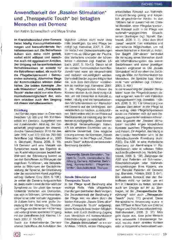 Vorschauseite 1: Anwendbarkeit der „Basalen Stimulation und „Therapeutic Touch bei betagten Menschen mit Demenz