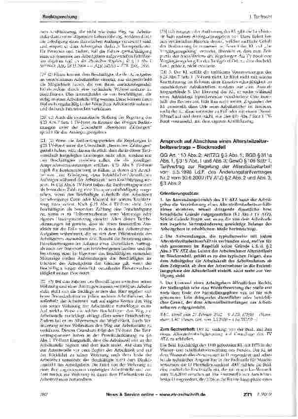 Vorschauseite 1: Anspruch auf Abschluss eines Altersteilzeitar-beitsvertrags - Blockmodell GG Art. 110 Abs. 2; AltTZG § 3 Abs. 1; BGB § 311 a Abs. 1, §315 Abs. 1 und Abs. 3; GewO § 106 Satz 1; Tar…