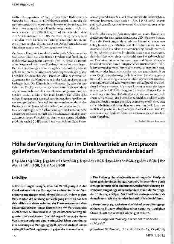 Vorschauseite 1: Höhe der Vergütung für im Direktvertrieb an Arztpraxen geliefertes Verbandsmaterial als Sprechstundenbedarf