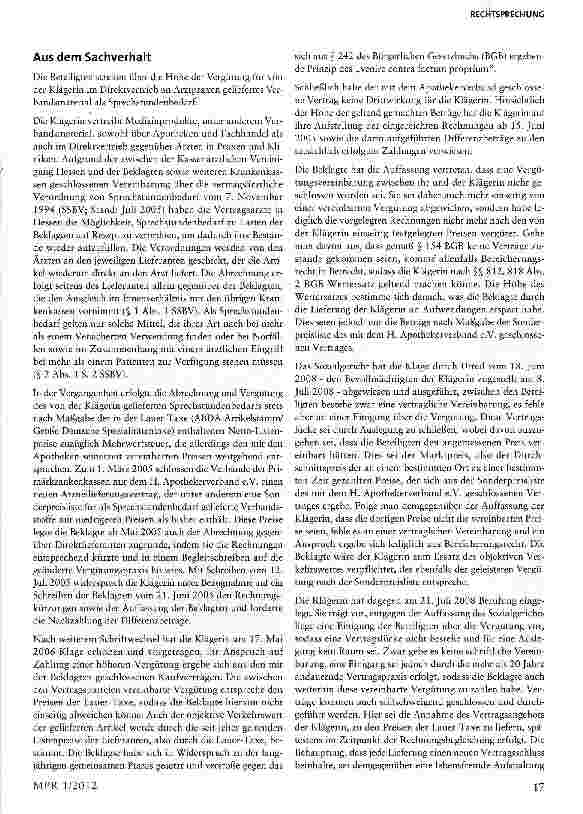 Vorschauseite 2: Höhe der Vergütung für im Direktvertrieb an Arztpraxen geliefertes Verbandsmaterial als Sprechstundenbedarf