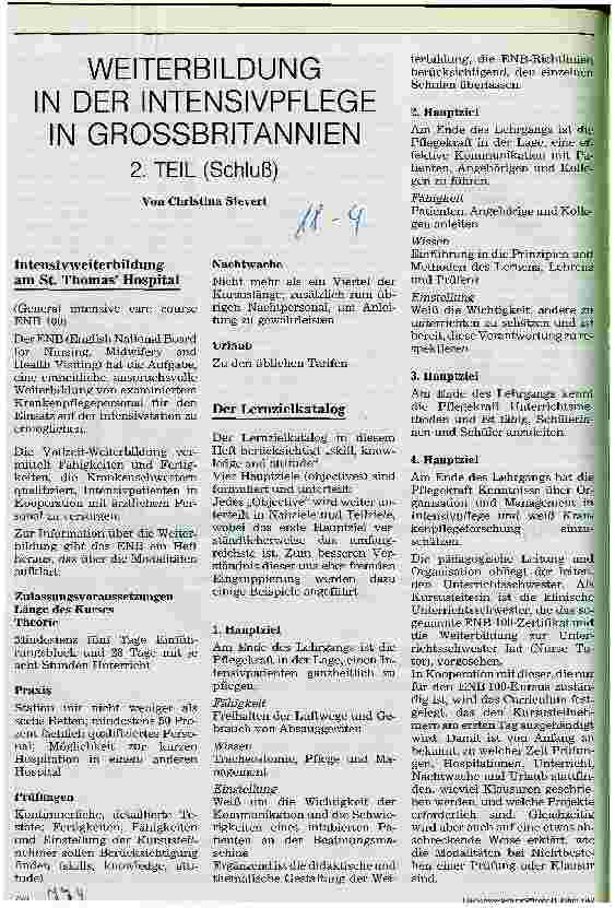 Vorschauseite 1: Weiterbildung in der Intensivpflege in Großbritannien 2. Teil (Schluß)