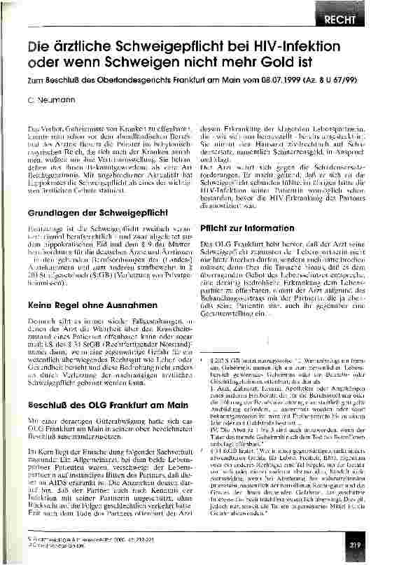 Vorschauseite 1: Die ärztliche Schweigepflicht bei HIV-Infektion oder wenn Schweigen nicht mehr Gold ist Zum Beschluß des Oberlandesgerichts Frankfurt am Main
